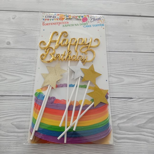 Dortový zápich - Happy Birthday zlatý