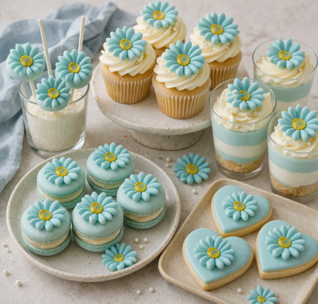 Cukrové kytičky modré 2,5 cm – jemná dekorace na dorty a cupcakes